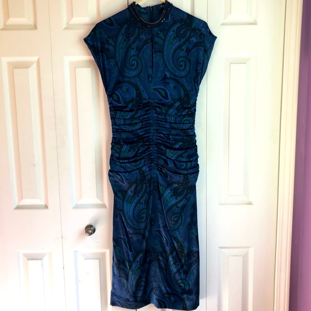 Etro Italy Blue size 46 Paisley Dress Crinkle Evening Gown Jeweled